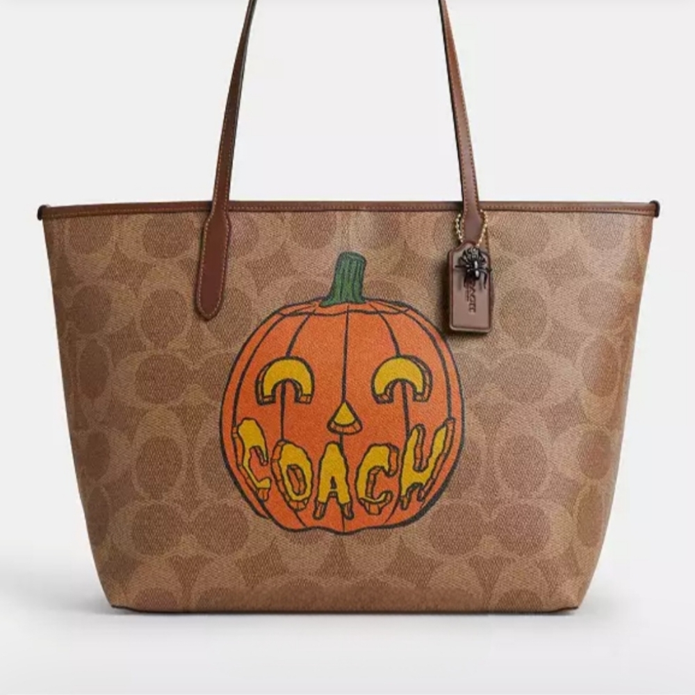 Coach City Tote Bag In Signature Canvas with Halloween Print Pumpkin NWT 2025 🎃